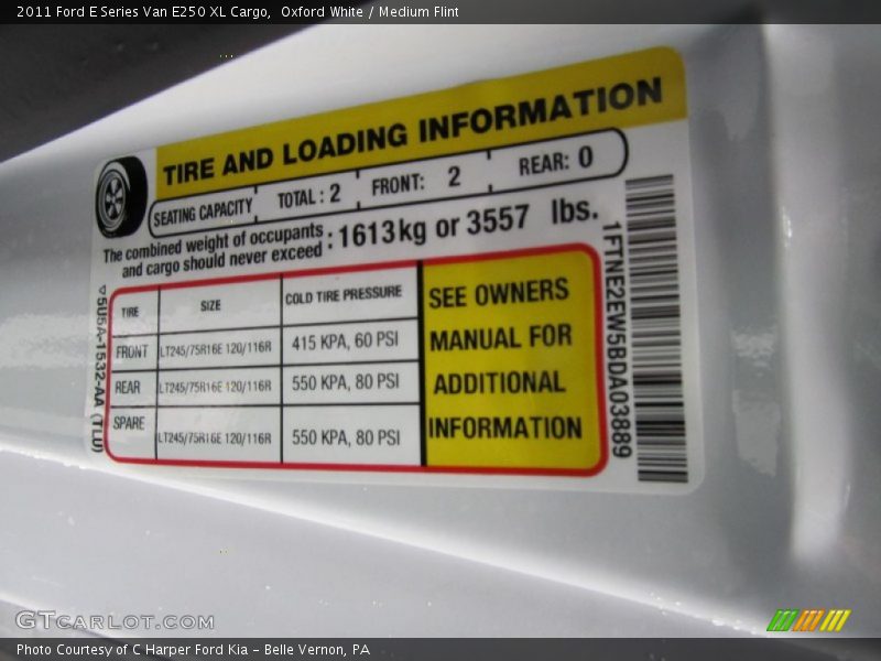 Info Tag of 2011 E Series Van E250 XL Cargo