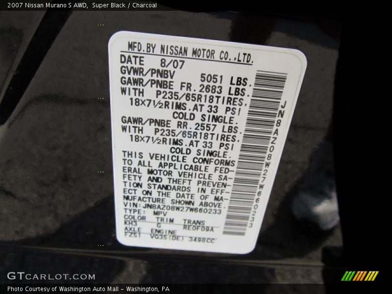 Super Black / Charcoal 2007 Nissan Murano S AWD