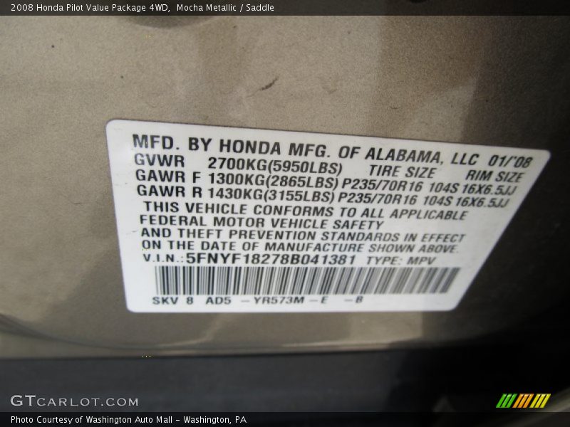 Mocha Metallic / Saddle 2008 Honda Pilot Value Package 4WD