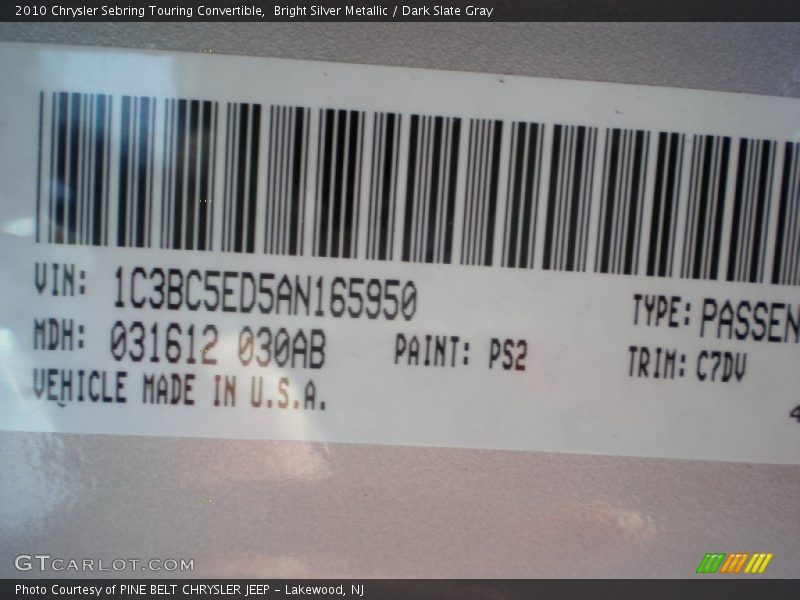 Bright Silver Metallic / Dark Slate Gray 2010 Chrysler Sebring Touring Convertible