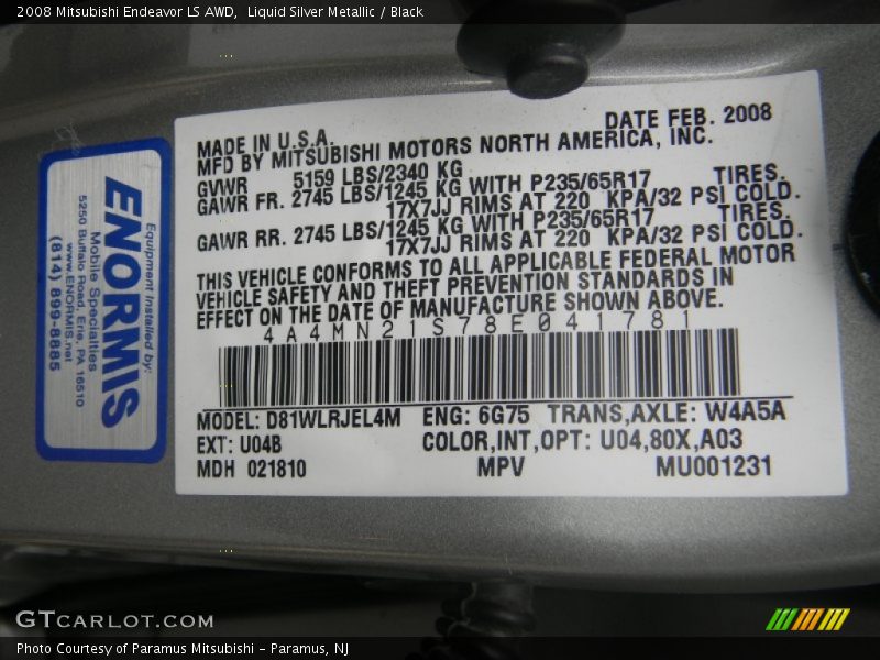 Liquid Silver Metallic / Black 2008 Mitsubishi Endeavor LS AWD