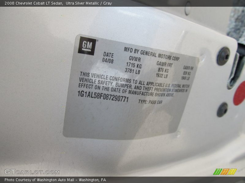Ultra Silver Metallic / Gray 2008 Chevrolet Cobalt LT Sedan