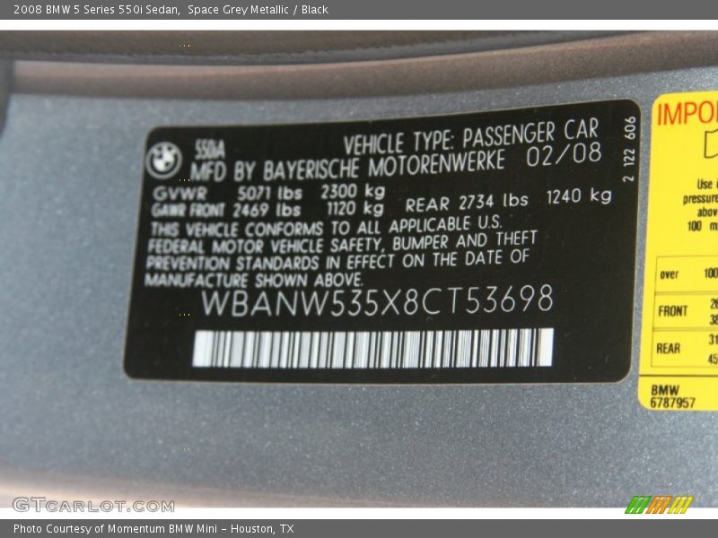 Space Grey Metallic / Black 2008 BMW 5 Series 550i Sedan