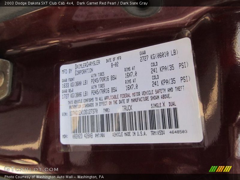 2003 Dakota SXT Club Cab 4x4 Dark Garnet Red Pearl Color Code PRV