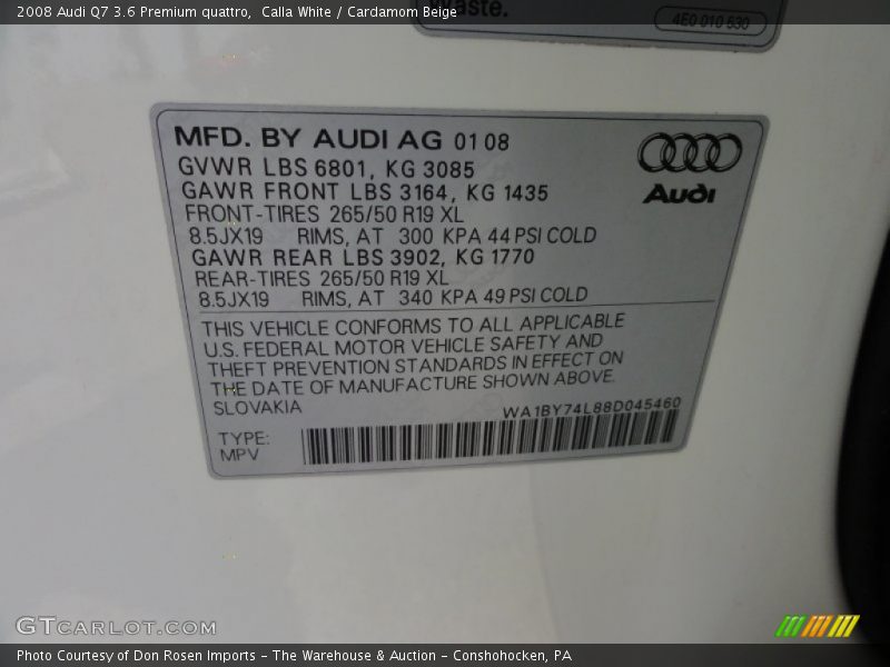 Calla White / Cardamom Beige 2008 Audi Q7 3.6 Premium quattro