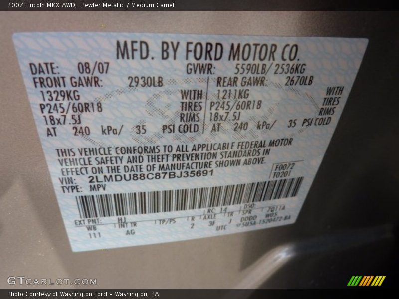 Pewter Metallic / Medium Camel 2007 Lincoln MKX AWD