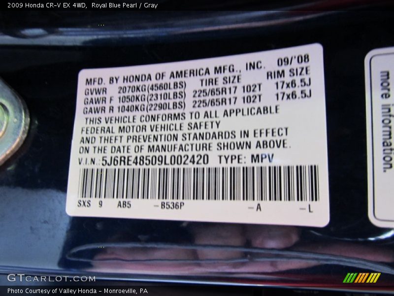 Royal Blue Pearl / Gray 2009 Honda CR-V EX 4WD