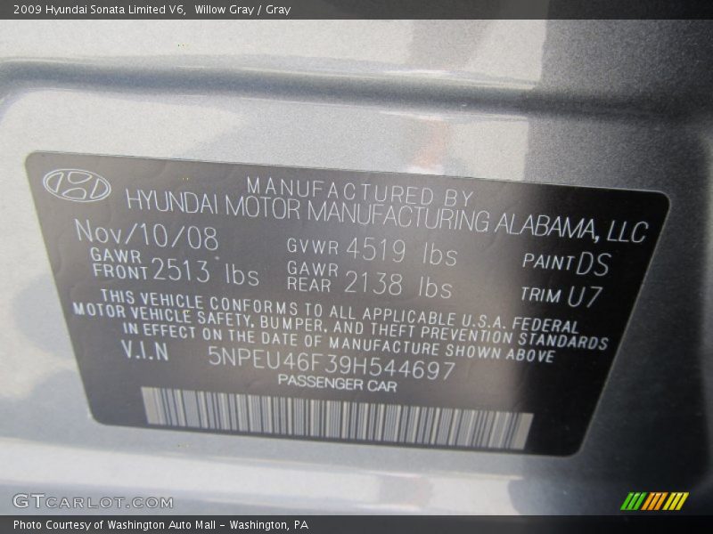 Willow Gray / Gray 2009 Hyundai Sonata Limited V6