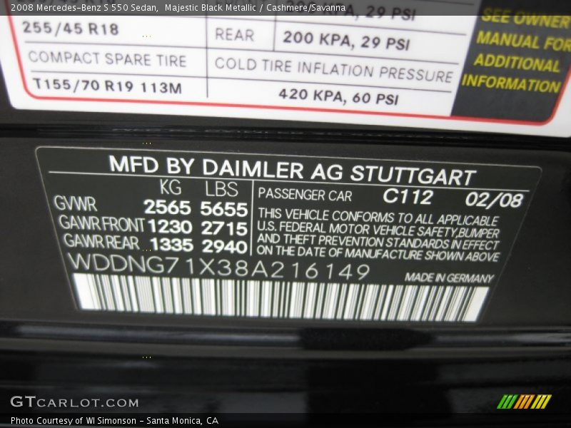 2008 S 550 Sedan Majestic Black Metallic Color Code 112