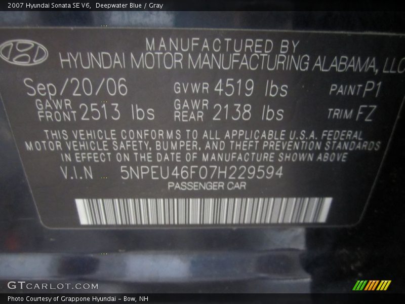 Deepwater Blue / Gray 2007 Hyundai Sonata SE V6
