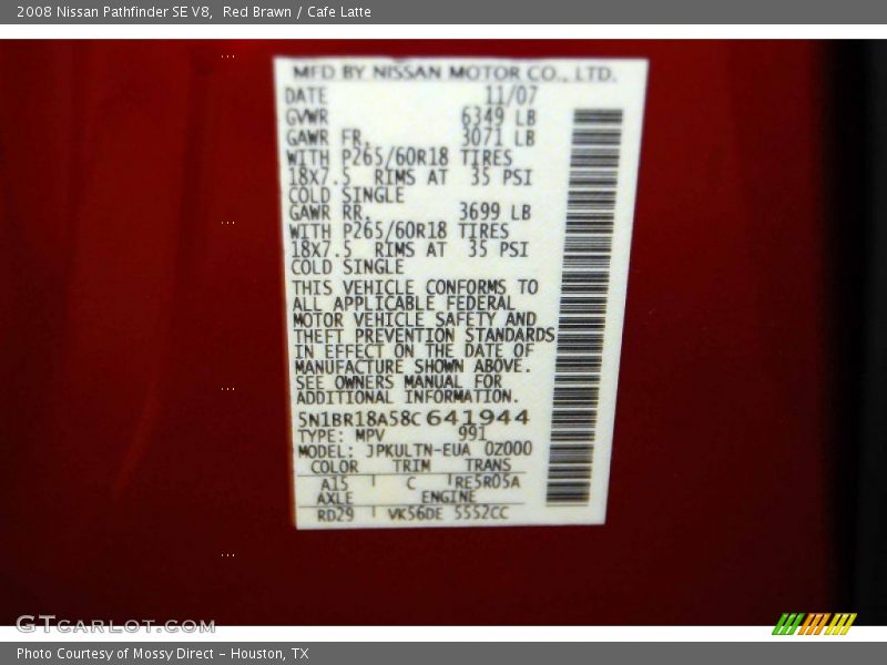 2008 Pathfinder SE V8 Red Brawn Color Code A15