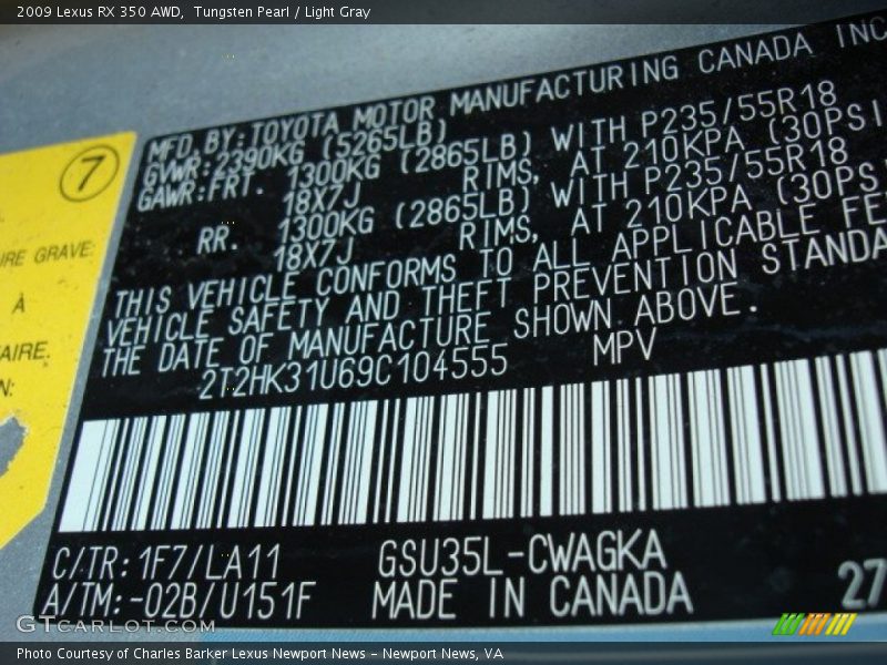 Tungsten Pearl / Light Gray 2009 Lexus RX 350 AWD