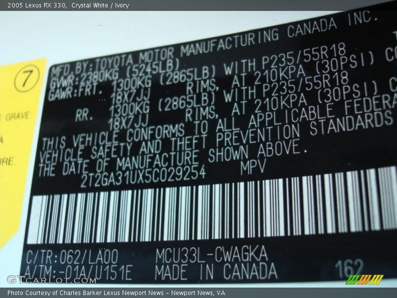 Crystal White / Ivory 2005 Lexus RX 330