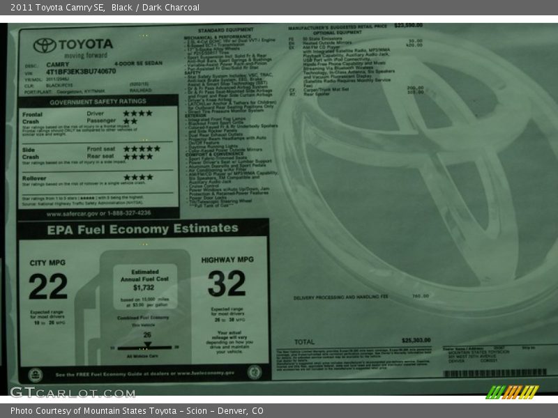 Black / Dark Charcoal 2011 Toyota Camry SE