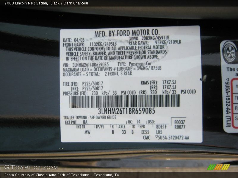 Black / Dark Charcoal 2008 Lincoln MKZ Sedan