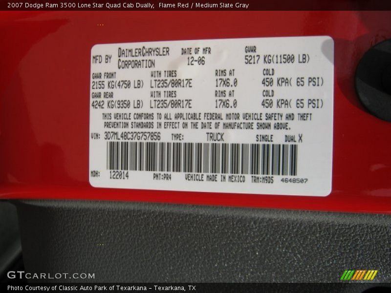 2007 Ram 3500 Lone Star Quad Cab Dually Flame Red Color Code PR4
