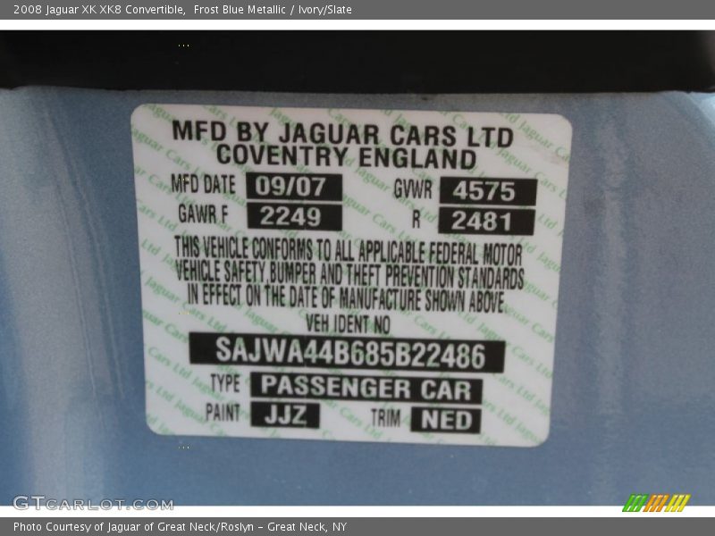 2008 XK XK8 Convertible Frost Blue Metallic Color Code JJZ