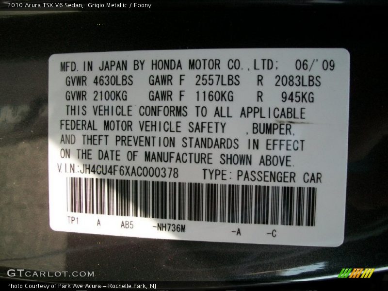 2010 TSX V6 Sedan Grigio Metallic Color Code NH736M