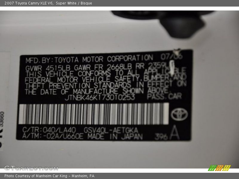 Super White / Bisque 2007 Toyota Camry XLE V6