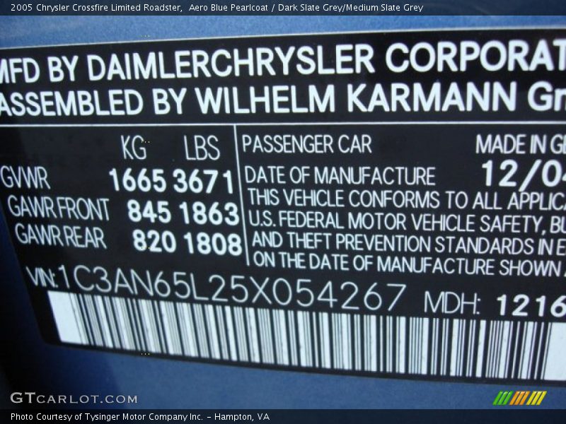 Info Tag of 2005 Crossfire Limited Roadster