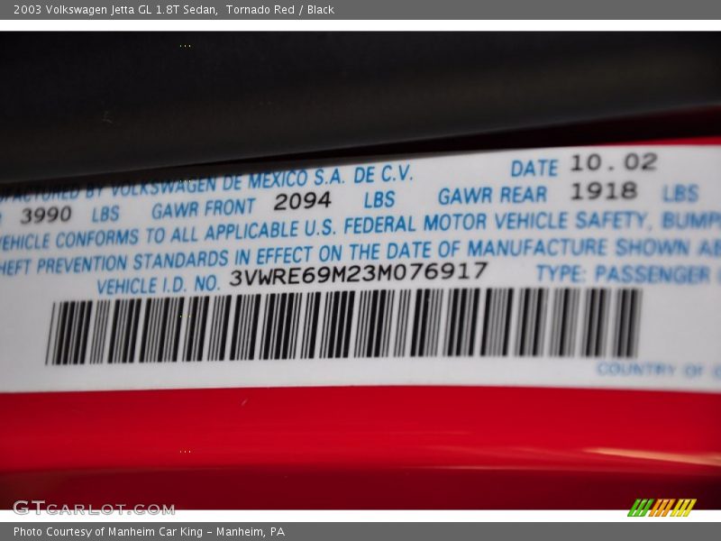 Tornado Red / Black 2003 Volkswagen Jetta GL 1.8T Sedan