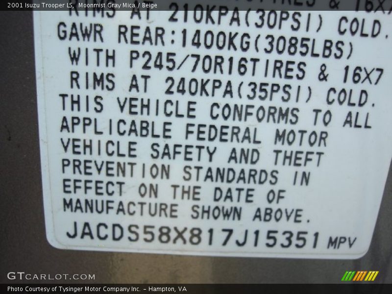 Info Tag of 2001 Trooper LS