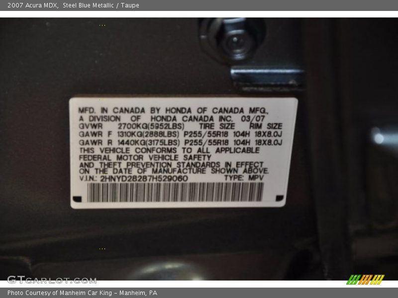 Steel Blue Metallic / Taupe 2007 Acura MDX