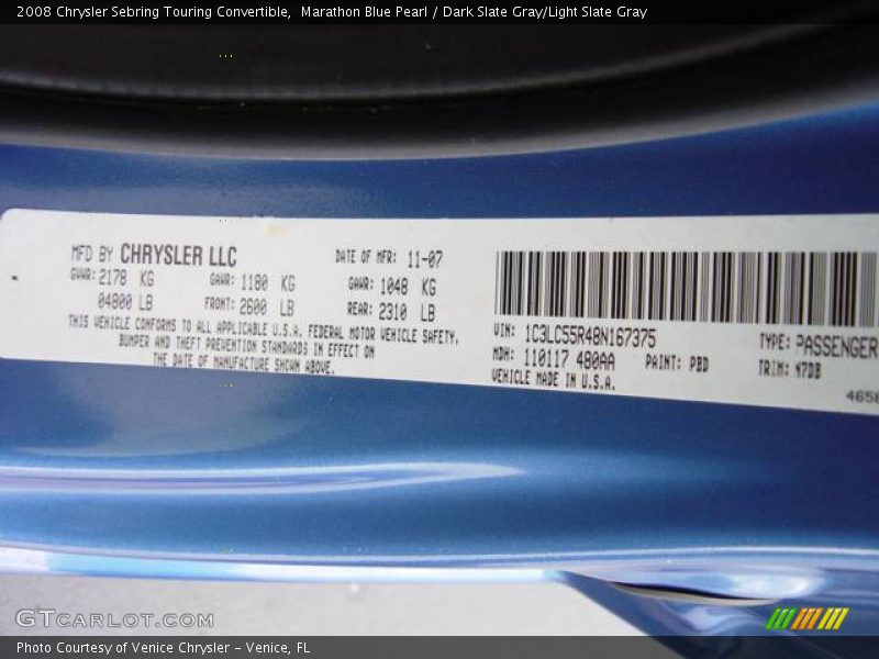 Marathon Blue Pearl / Dark Slate Gray/Light Slate Gray 2008 Chrysler Sebring Touring Convertible
