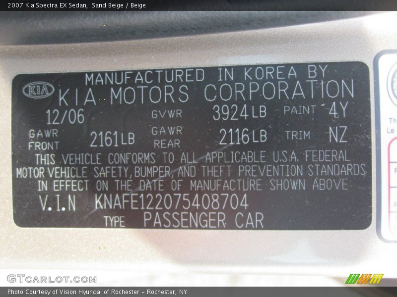 2007 Spectra EX Sedan Sand Beige Color Code 4Y