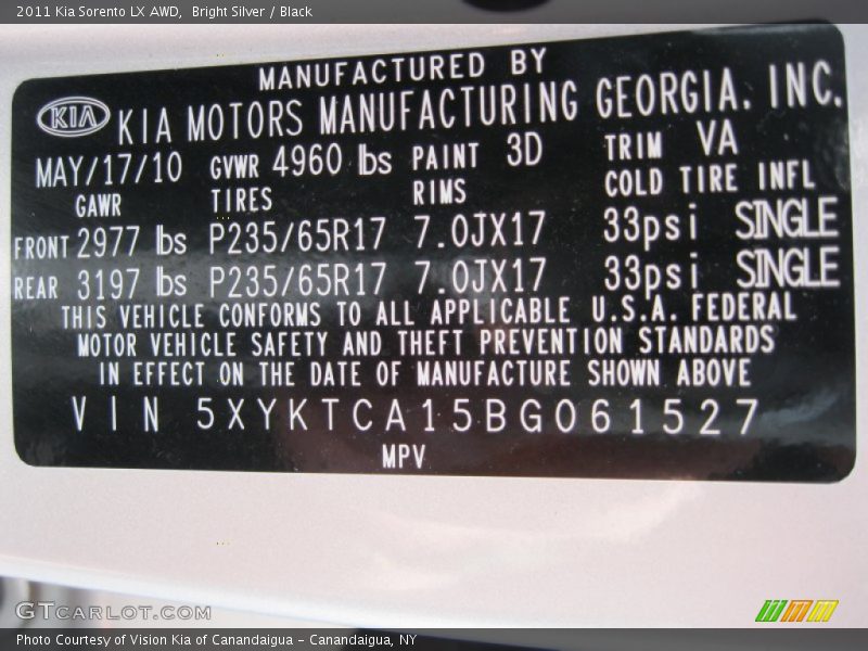 Bright Silver / Black 2011 Kia Sorento LX AWD