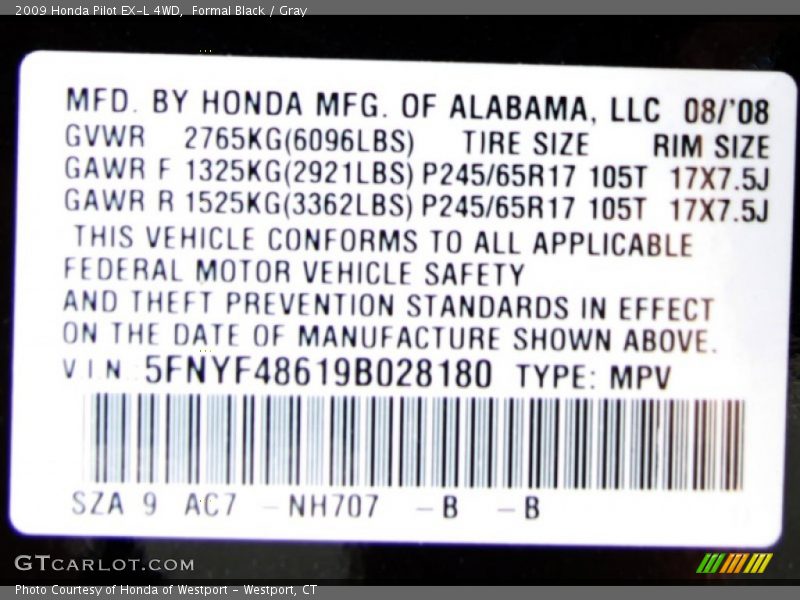 Formal Black / Gray 2009 Honda Pilot EX-L 4WD