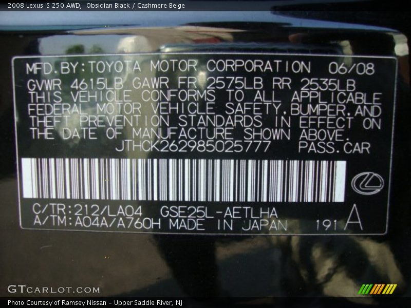 Obsidian Black / Cashmere Beige 2008 Lexus IS 250 AWD
