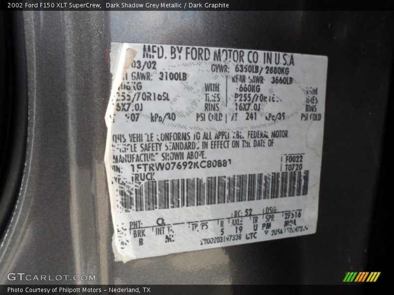 2002 F150 XLT SuperCrew Dark Shadow Grey Metallic Color Code CX