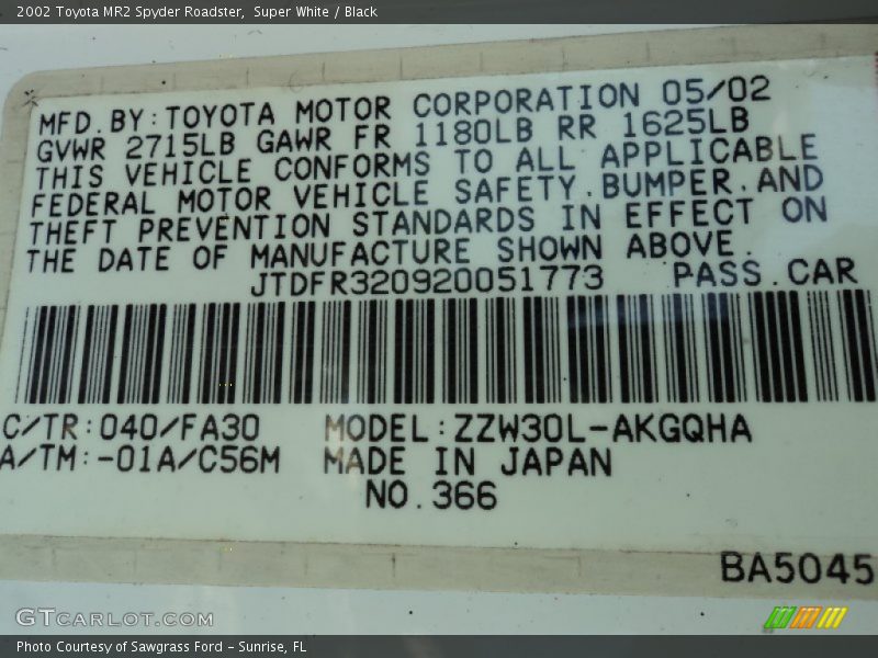 2002 MR2 Spyder Roadster Super White Color Code 040