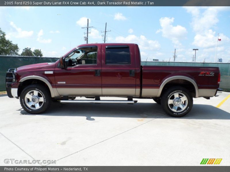 Dark Toreador Red Metallic / Tan 2005 Ford F250 Super Duty Lariat FX4 Crew Cab 4x4