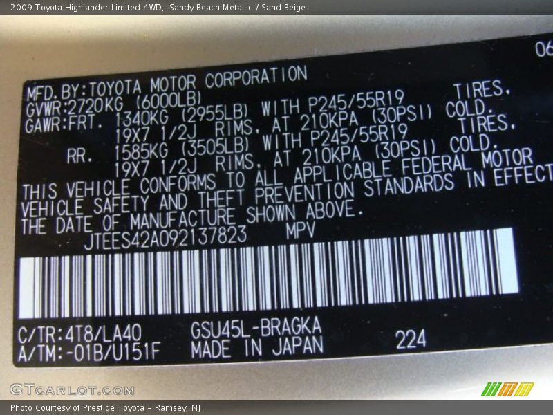 Sandy Beach Metallic / Sand Beige 2009 Toyota Highlander Limited 4WD