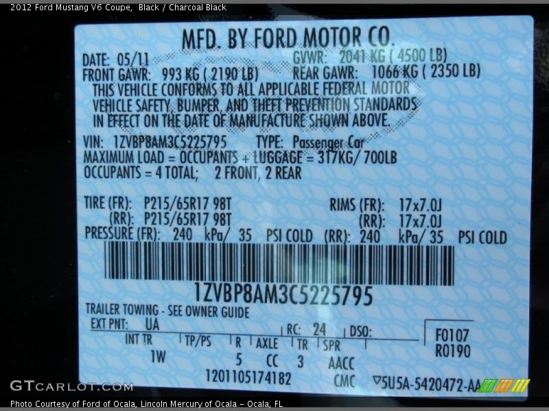 2012 Mustang V6 Coupe Black Color Code UA