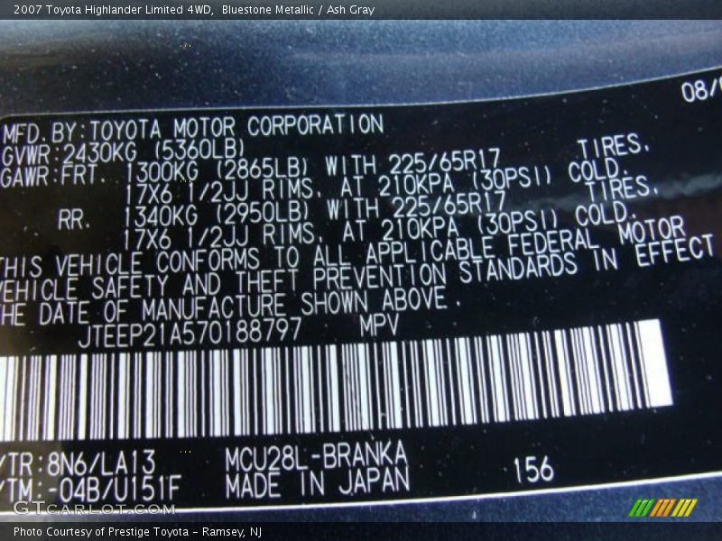 Bluestone Metallic / Ash Gray 2007 Toyota Highlander Limited 4WD