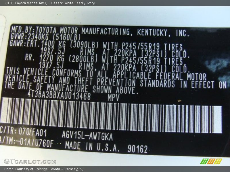 2010 Venza AWD Blizzard White Pearl Color Code 070