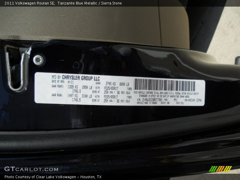 Tanzanite Blue Metallic / Sierra Stone 2011 Volkswagen Routan SE