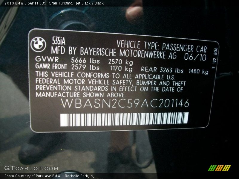 Jet Black / Black 2010 BMW 5 Series 535i Gran Turismo