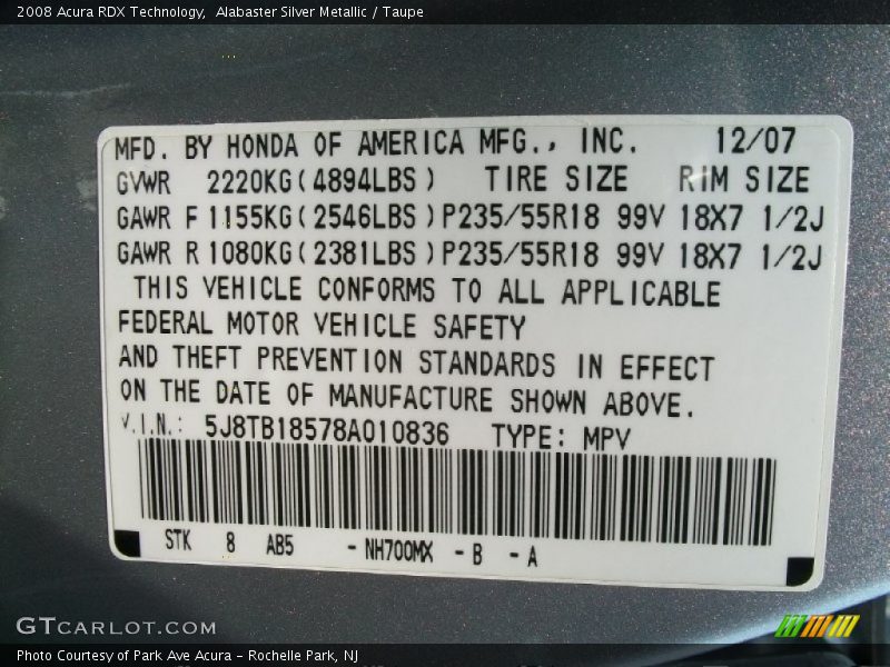 Alabaster Silver Metallic / Taupe 2008 Acura RDX Technology