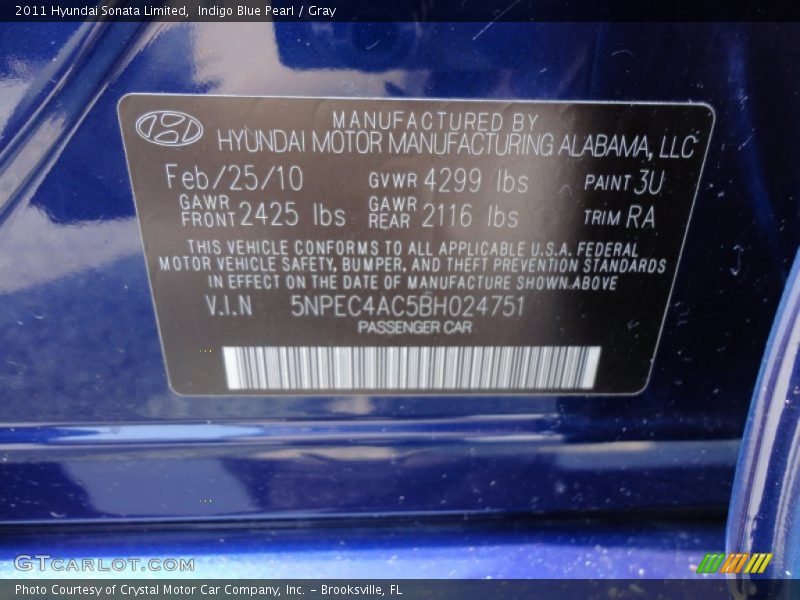 Indigo Blue Pearl / Gray 2011 Hyundai Sonata Limited