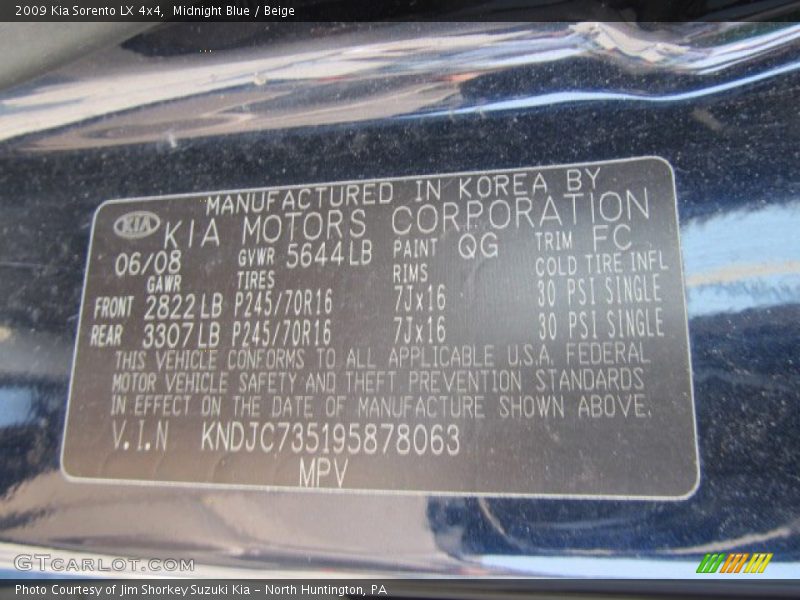 2009 Sorento LX 4x4 Midnight Blue Color Code QG