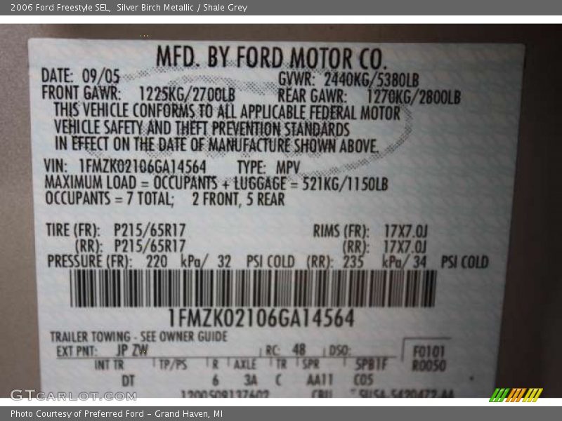 2006 Freestyle SEL Silver Birch Metallic Color Code JP