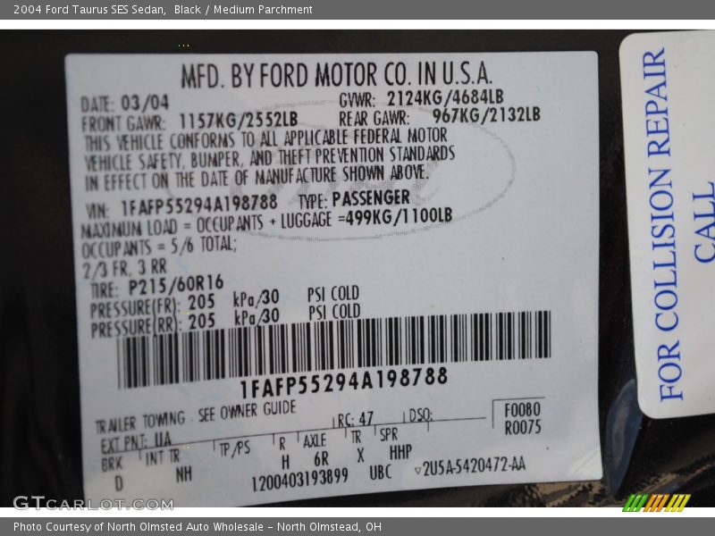 2004 Taurus SES Sedan Black Color Code UA