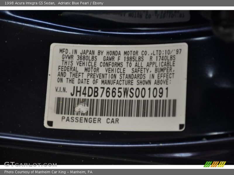 Adriatic Blue Pearl / Ebony 1998 Acura Integra GS Sedan