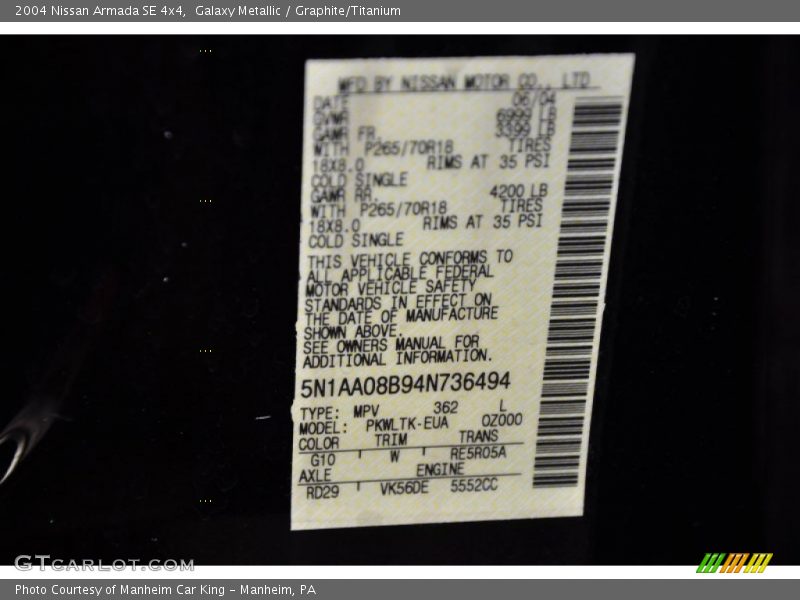 Galaxy Metallic / Graphite/Titanium 2004 Nissan Armada SE 4x4
