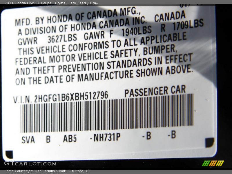 2011 Civic LX Coupe Crystal Black Pearl Color Code NH731P