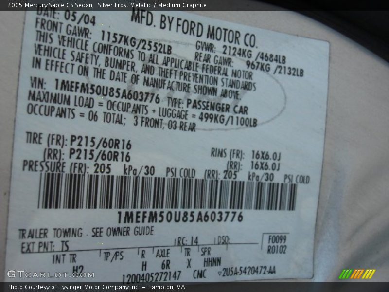 Silver Frost Metallic / Medium Graphite 2005 Mercury Sable GS Sedan